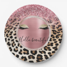 Glitzy Pink Glitzer Gold Eyelashes Leopard Pappteller