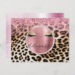 Glitzy Pink Glitzer Gold Eyelashes Leopard Postkarte