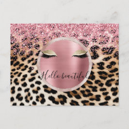 Glitzy Pink Glitzer Gold Eyelashes Leopard Postkarte