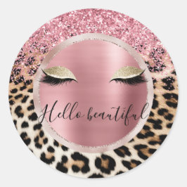 Glitzy Pink Glitzer Gold Eyelashes Leopard Runder Aufkleber