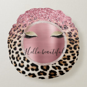 Glitzy Pink Glitzer Gold Eyelashes Leopard Rundes Kissen