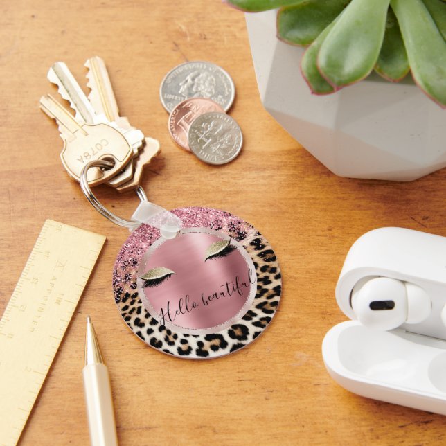 Glitzy Pink Glitzer Gold Eyelashes Leopard Schlüsselanhänger (Schreibtisch)