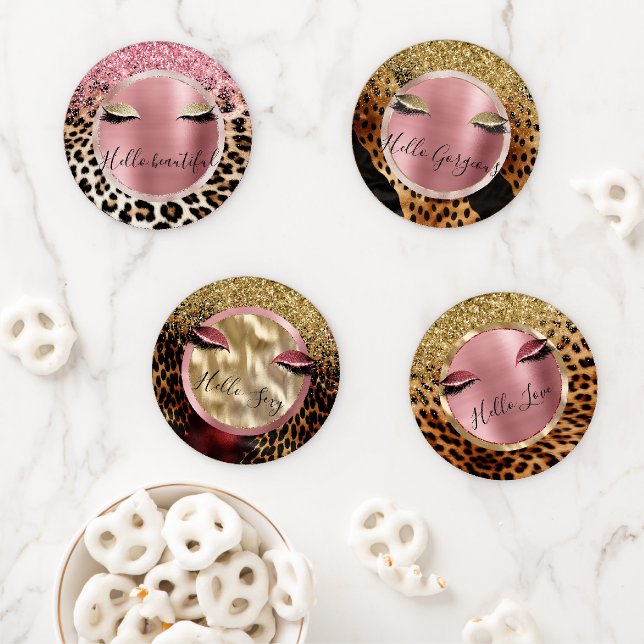 Glitzy Pink Glitzer Gold Eyelashes Leopard Untersetzer Set (Beispiel)