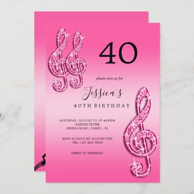 Glitzy Pink Musiknotens Geburtstag Einladung (Vorne/Hinten)