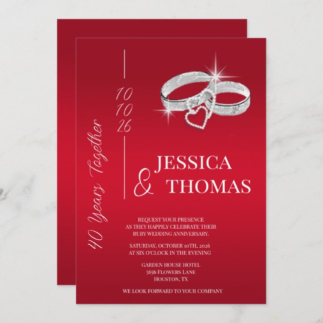 Glitzy Posh 40. Ruby Wedding Jubiläum Einladung (Vorne/Hinten)