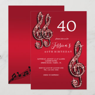 Glitzy Red Musiknotens Birthday Einladung