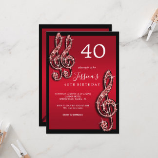 Glitzy Red Musiknotens Birthday Einladung