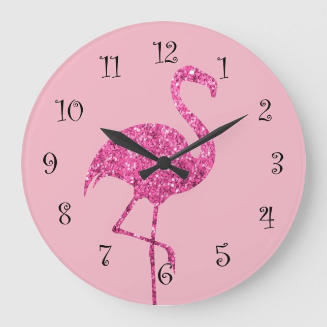 Glitzy-rosa Flamingo-Wanddekor Große Wanduhr (Vorderseite)