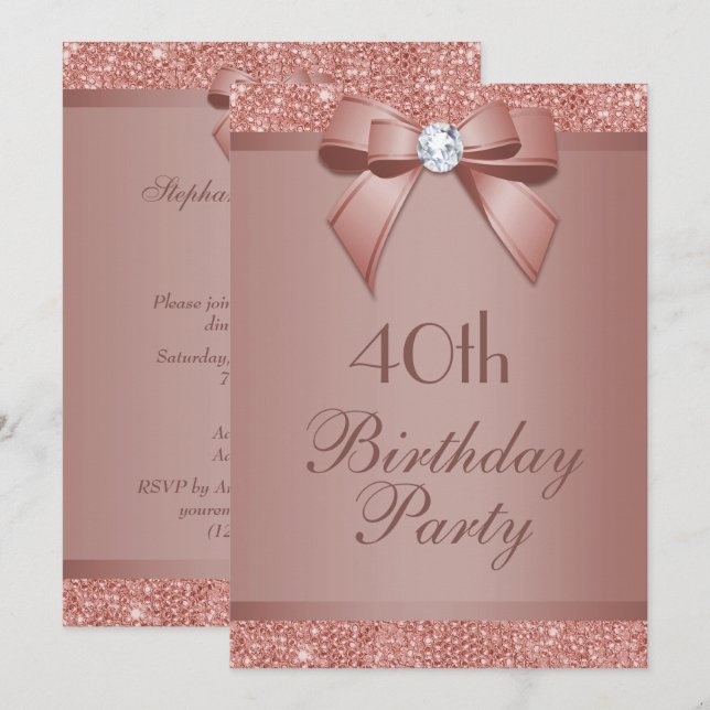 Glitzy Rose Gold Bow & Gem Birthday Party Einladung (Vorne/Hinten)