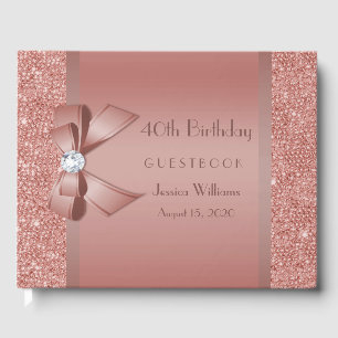 Glitzy Rose Gold Bow & Gem Birthday Party Gästebuch