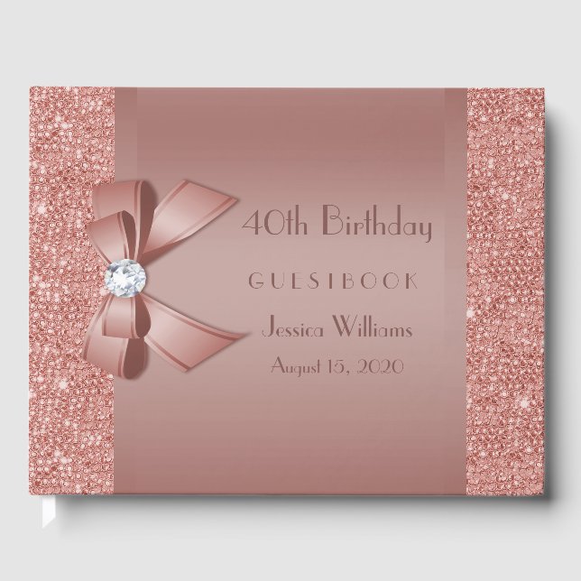 Glitzy Rose Gold Bow & Gem Birthday Party Gästebuch (Vorderseite)