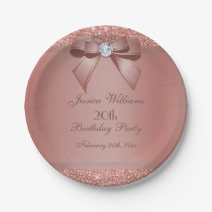 Glitzy Rose Gold Bow & Gem Birthday Party Pappteller