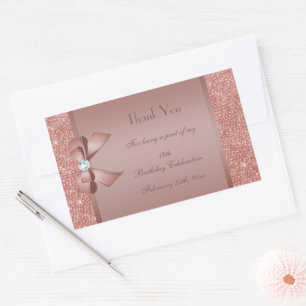Glitzy Rose Gold Bow & Gem Birthday Party Rechteckiger Aufkleber