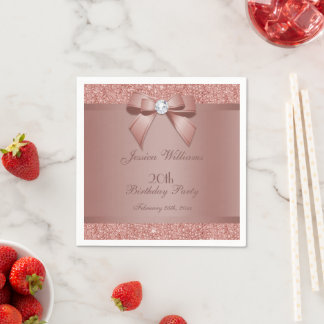 Glitzy Rose Gold Bow & Gem Birthday Party Serviette