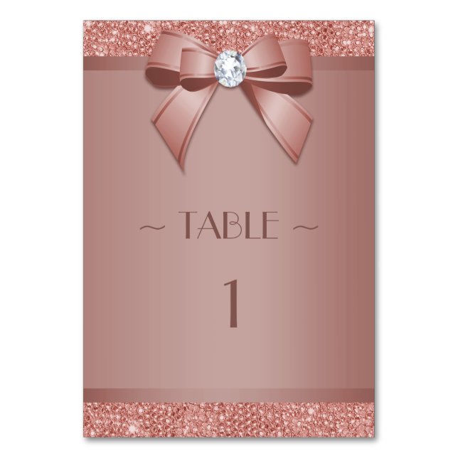 Glitzy Rose Gold Bow & Gem Birthday Party Tischnummer (Vorderseite)