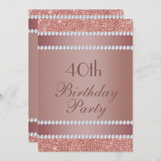 Glitzy Rose Gold & Diamond Gem Birthday Party Einladung (Vorne/Hinten)