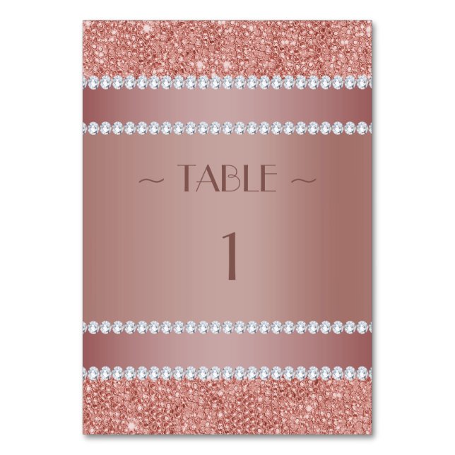 Glitzy Rose Gold & Diamond Gem Birthday Party Tischnummer (Vorderseite)