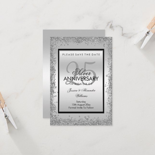 Glitzy Silver & Black 25. Hochzeitstag (Vorderseite/Rückseite Beispiel)