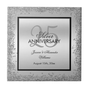 Glitzy Silver & Black 25. Hochzeitstag Fliese