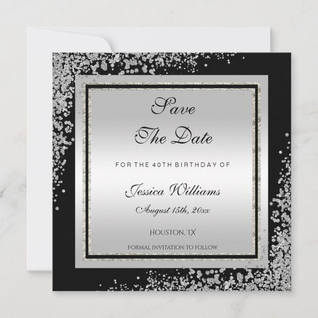 Glitzy Silver Confetti Corners Geburtstag Save The Date (Vorderseite)