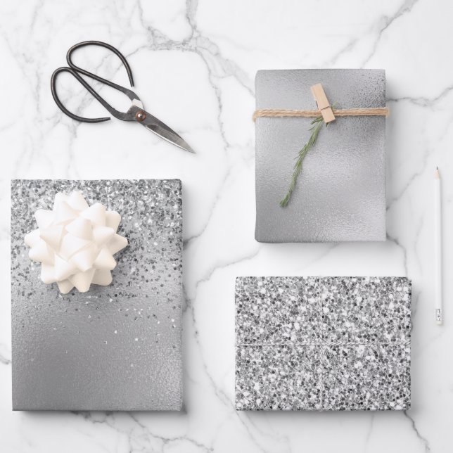 Glitzy Silver Glam Sparkle Glitzer Geschenkpapier Set (Vorderseite)