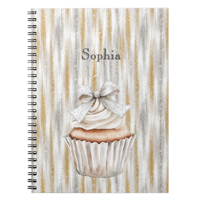 Glitzy Silver Gold Stripes White Cupcake Bow   Notizblock (Vorderseite)