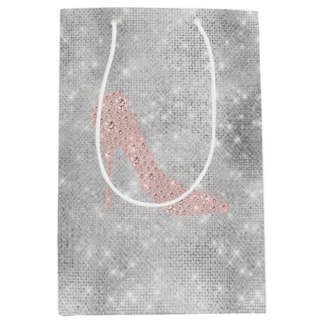Glitzy Silver Pink Diamond Heelse Mittlere Geschenktüte (Vorderseite)