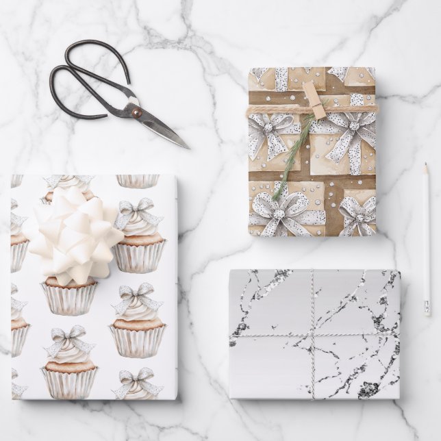 Glitzy Silver White Cupcakes Bow Birthday Geschenkpapier Set (Vorderseite)