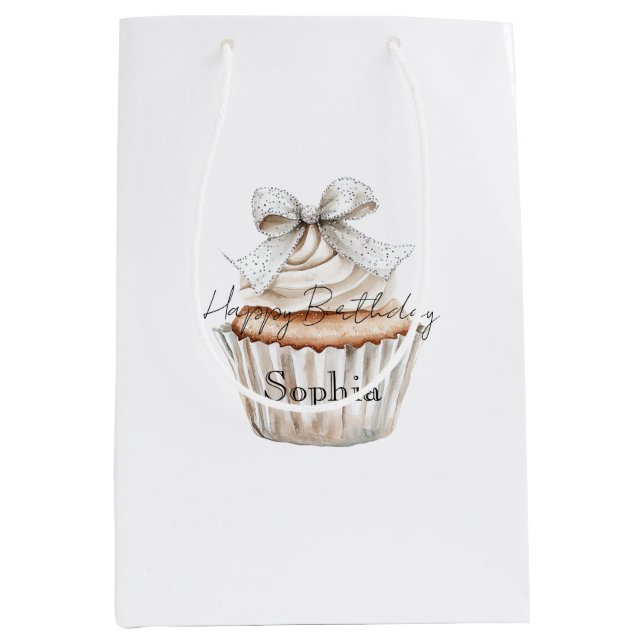 Glitzy Silver White Cupcakes Bow Birthday Mittlere Geschenktüte (Vorderseite)