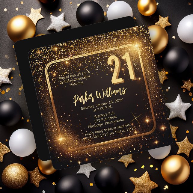 Glitzy Sparkles | Stars Gold 21st Birthday Party Einladung (Glitzy Sparkles Black and Gold Tone Modern Elegant 21st Birthday Party Square Invitation )
