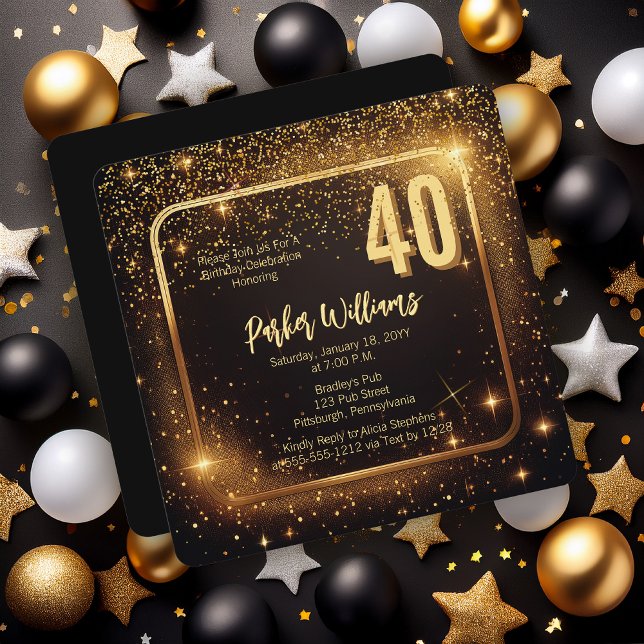 Glitzy Sparkles | Stars Gold 40th Birthday Party Einladung (Glitzy Sparkles Black and Gold Tone Modern Elegant 40th Birthday Party Square Invitation )