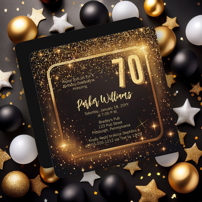 Glitzy Sparkles | Stars Gold 70th Birthday Party Einladung (Glitzy Sparkles Black and Gold Tone Modern Elegant 70th Birthday Party Square Invitation )