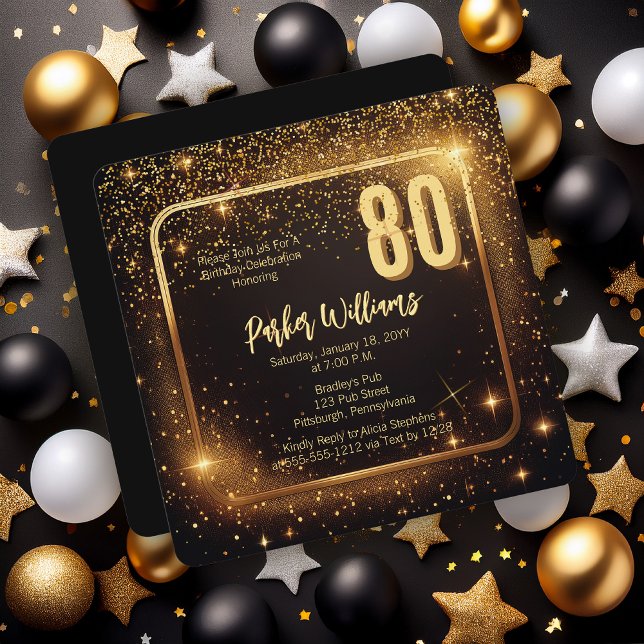 Glitzy Sparkles | Stars Gold 80th Birthday Party Einladung (Glitzy Sparkles Black and Gold Tone Modern Elegant 80th Birthday Party Square Invitation )