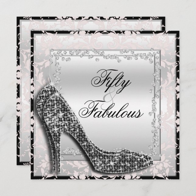 Glitzy Stilettos, Diamonds & Damask Fabulous 50 Einladung (Vorne/Hinten)