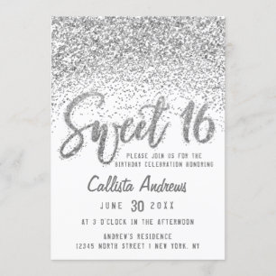 Glitzy White Silver Scattered Glitzer Sweet 16 Einladung