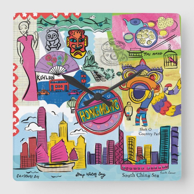 Global Travel - Hongkong Quadratische Wanduhr (Vorderseite)