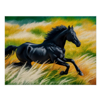 Glockenturm Schwarzes Pferd Galloping in pulsieren Poster
