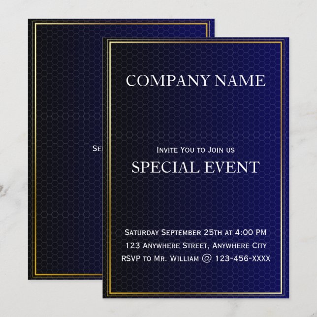 Gloden Frame Blue Corporate Party Einladung Card (Vorne/Hinten)