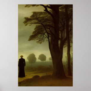 Gloomy Dark Green Forest Painting Poster