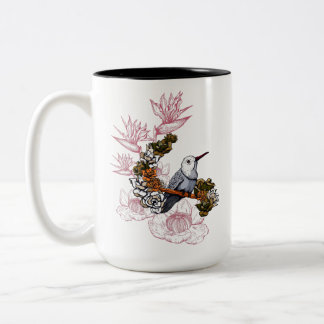 Gloomy Skull and Bird mit Blume Zweifarbige Tasse