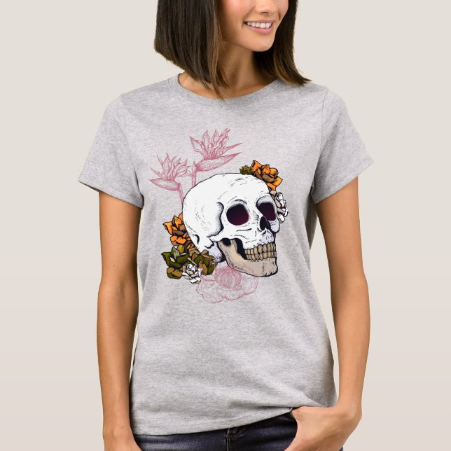 Gloomy Skull mit Strelitzia Blume T - Shirt (Vorderseite)