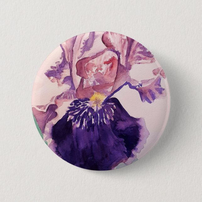 Glorioues Lila Iris Aquarellmalerei Button (Vorderseite)