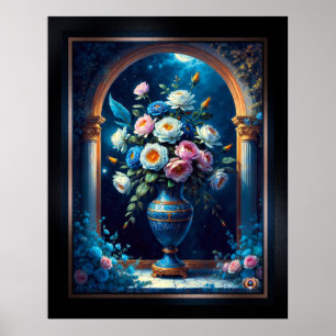 Glorious floral Bouquet under moonlit Sky Poster