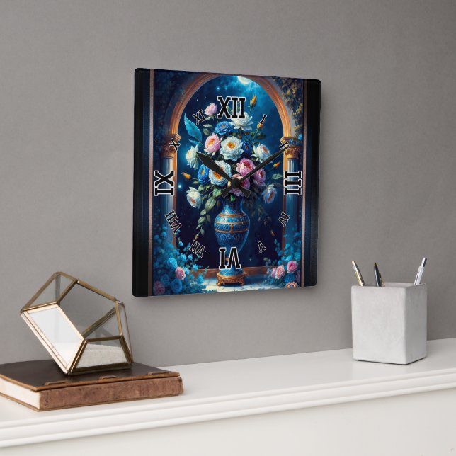 Glorious floral Bouquet under moonlit Sky Quadratische Wanduhr (Büro)