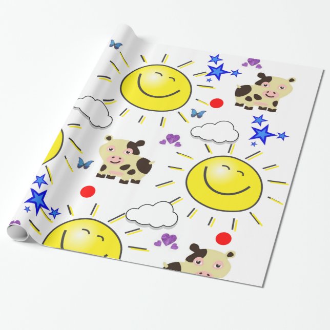 Glosses Wrapping Paper, Kuh Sun Wolken Herz Geschenkpapier (Ungerollt)