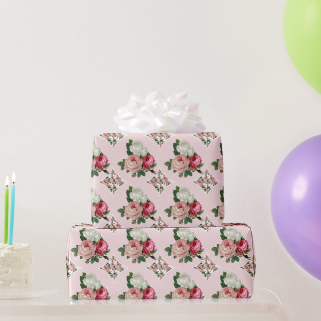 Glossretro Chic Rosa und Weiße Rose Blüte Geschenkpapier (Partygeschenke)