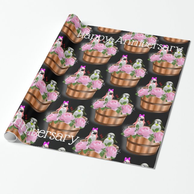 Glosswrapping Paper, Pinguin Pink Roses Geschenkpapier (Ungerollt)