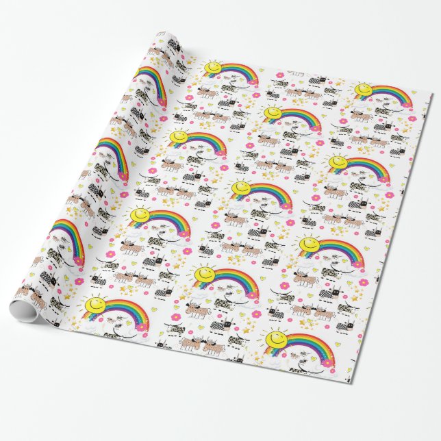 Glosswrapping Paper, Rainbow Sun Clouds Cows Geschenkpapier (Ungerollt)