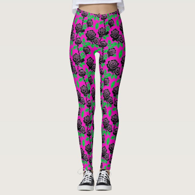 Glossy Black Roses On A Hot Pink Background Leggings (Vorderseite)
