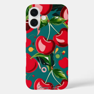 Glossy Cherry & Floral Pattern iPhone 16 Hülle